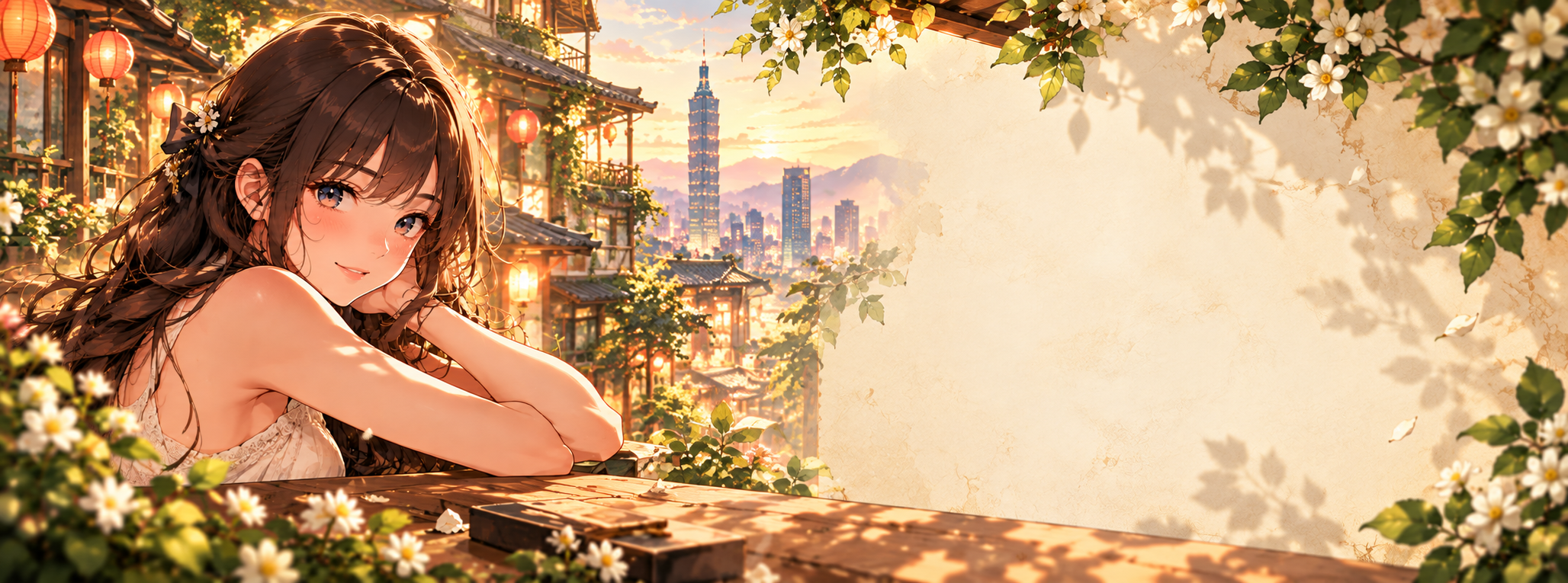 Illustrated girl leaning on a wooden balcony at golden hour among lanterns and blossoms