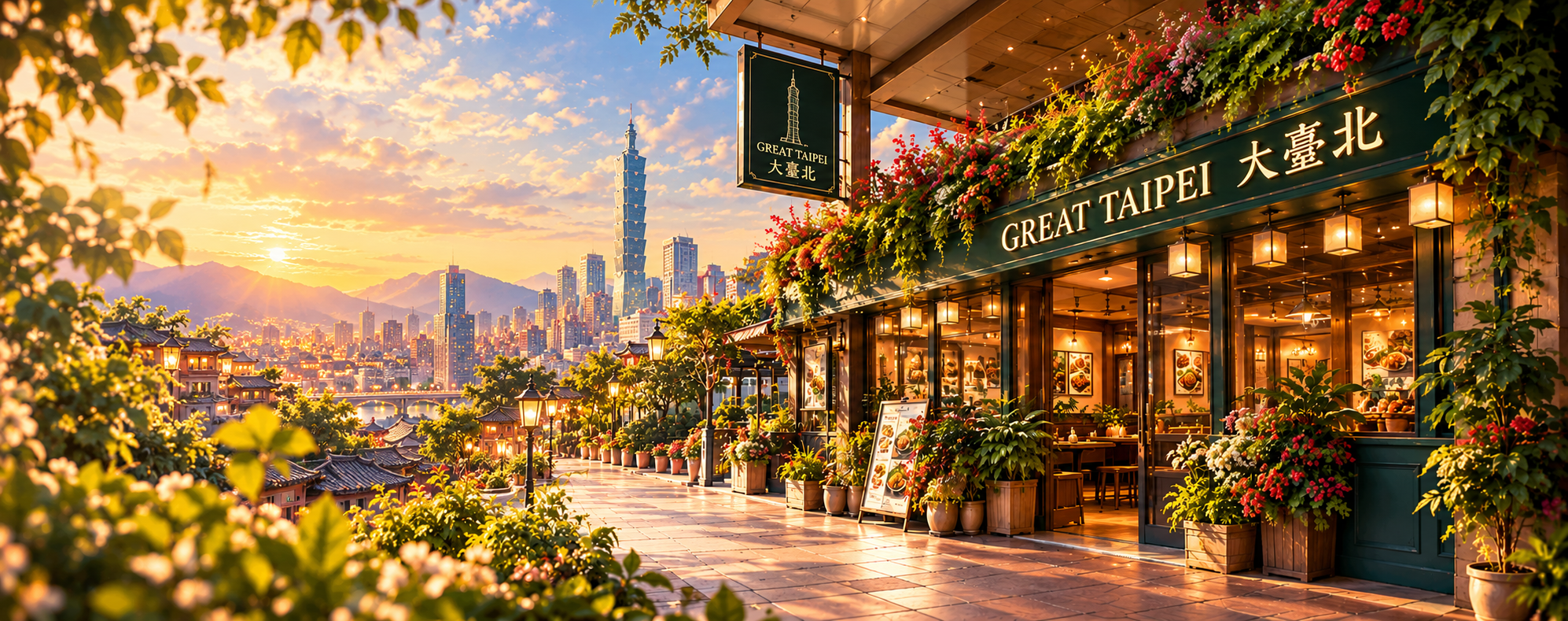 Illustration of the Great Taipei restaurant at golden hour beside the Taipei skyline (conceptual artwork, not a photograph of the stall)