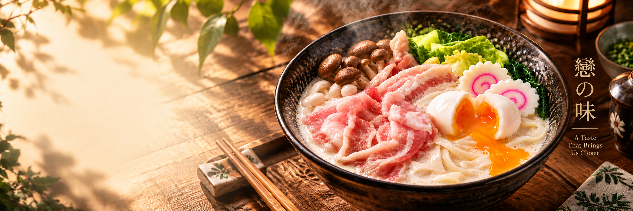 Steaming bowl of Doujiang Udon, golden soy milk broth with toppings