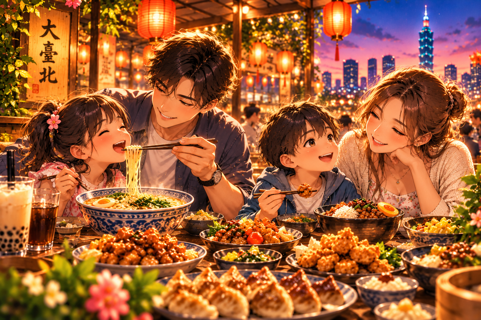A family of four enjoying dinner together at a Taipei night market
