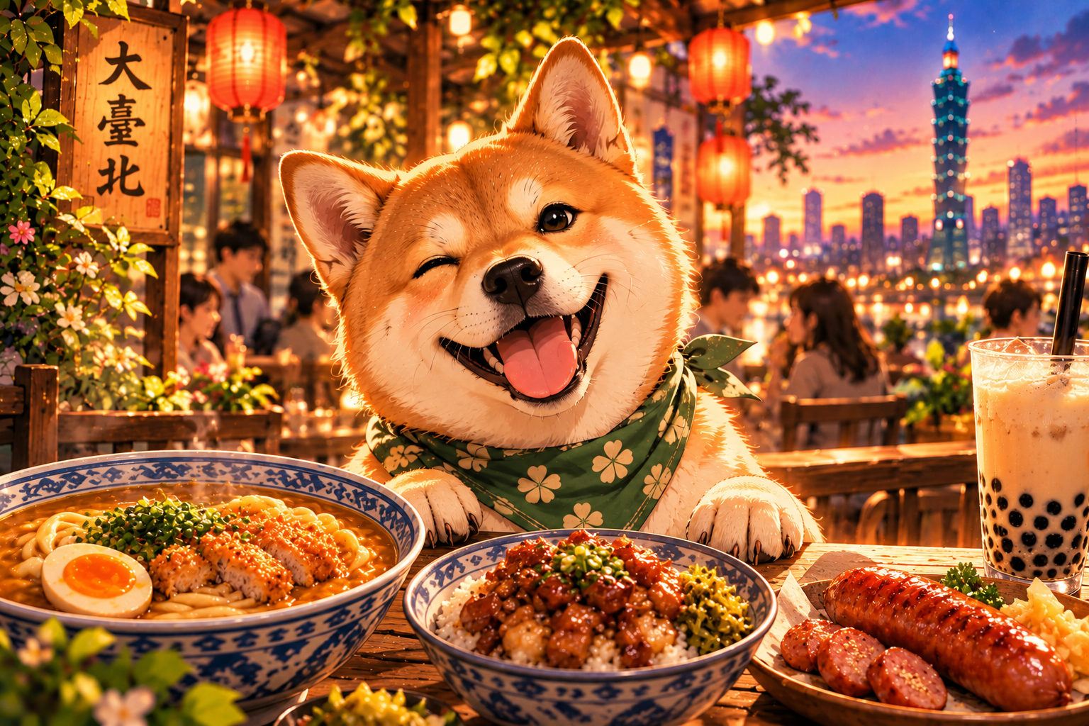 A smiling Shiba Inu surrounded by Taiwanese food