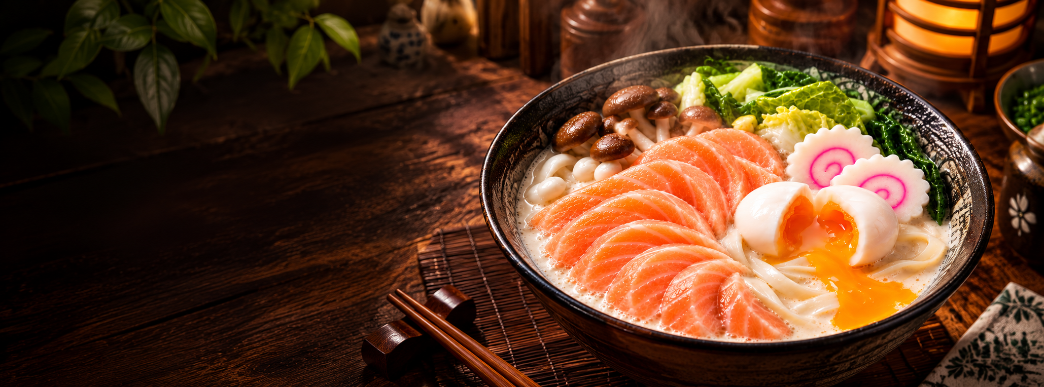 Steaming bowl of salmon udon in warm light