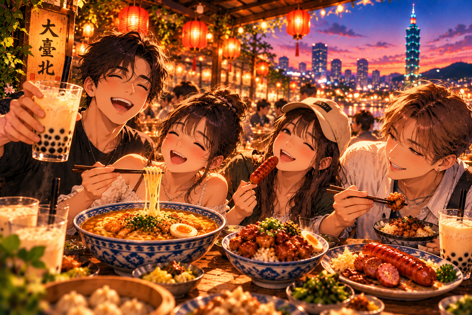 Four friends sharing a night-market meal in Taipei