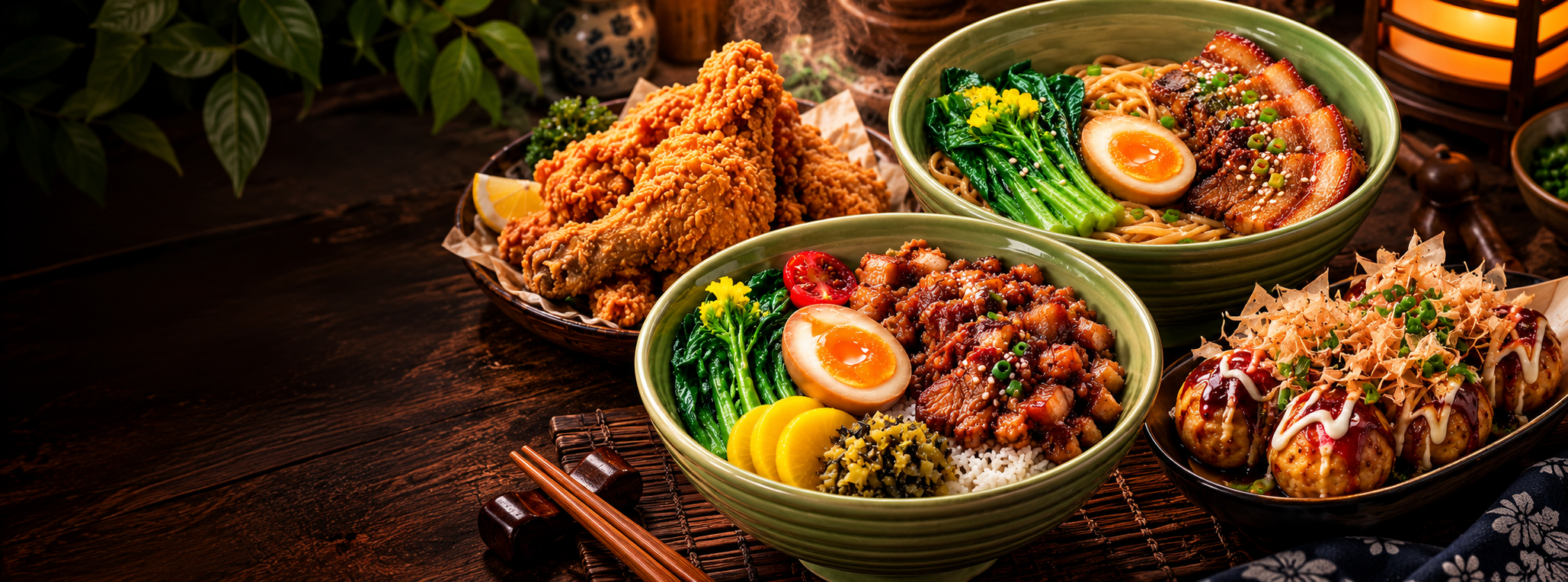 Spread of Taiwanese comfort food: braised pork rice, noodles and snacks
