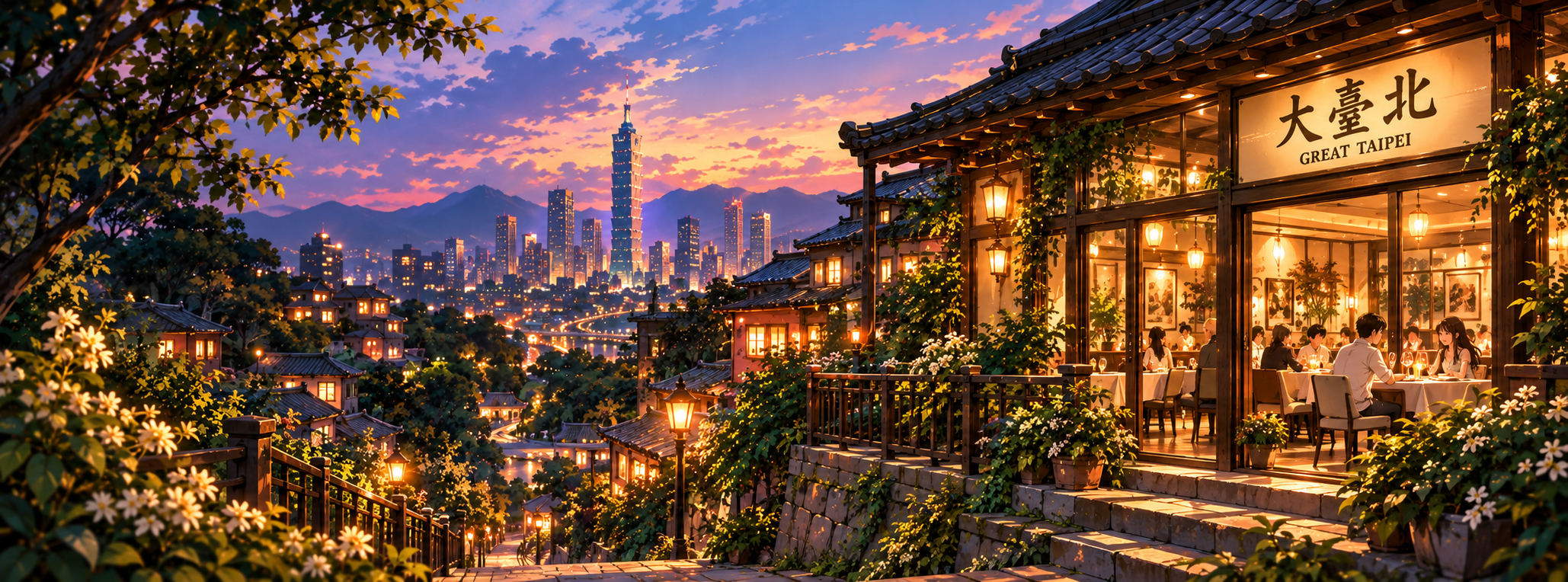 Twilight view of the Great Taipei restaurant overlooking the Taipei skyline