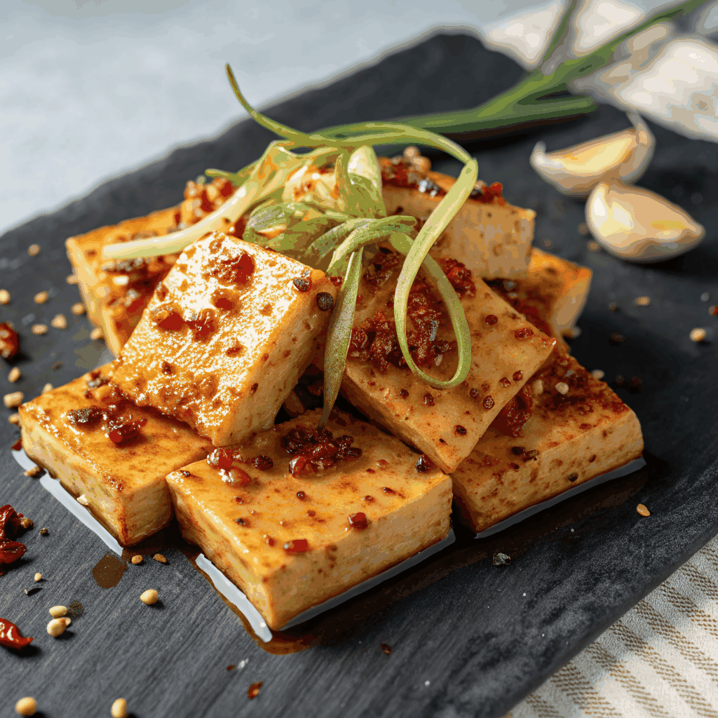 Braised egg and tofu topping