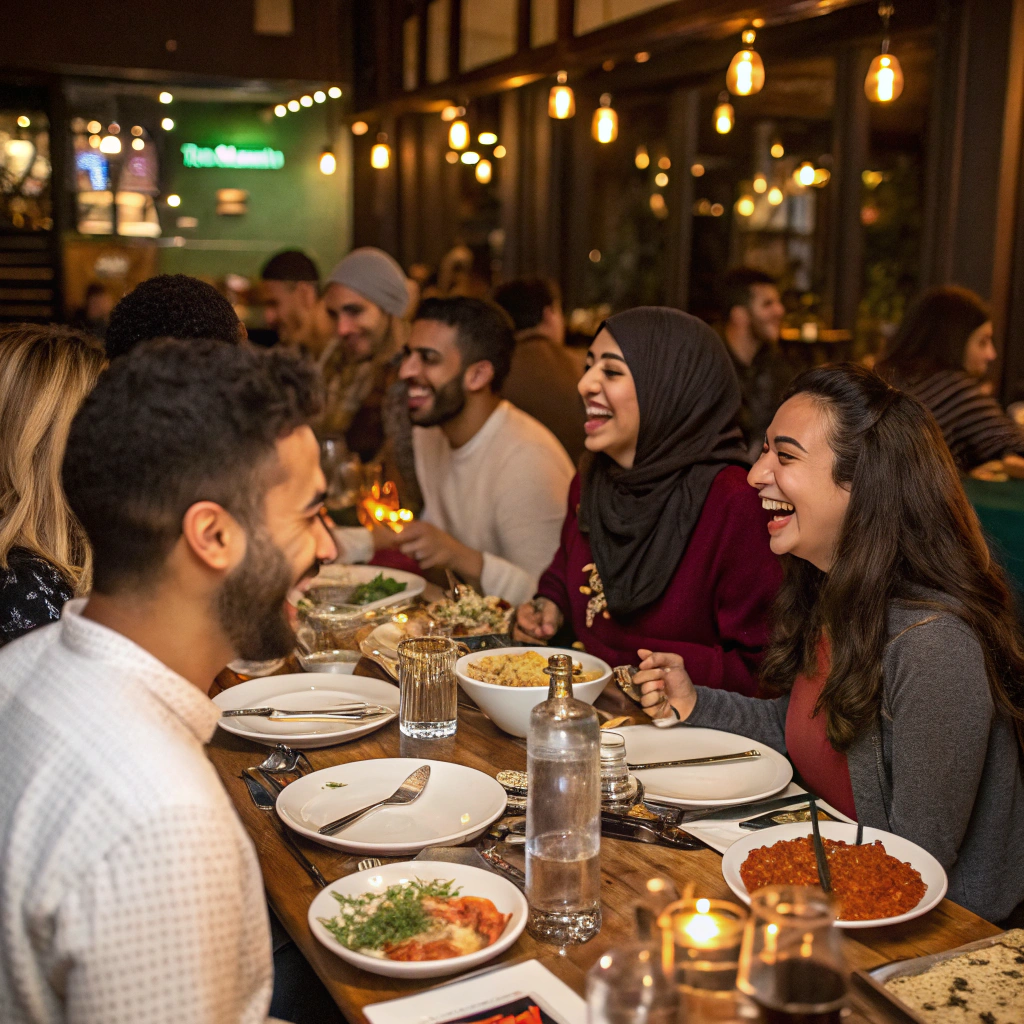 Diners enjoying meals together