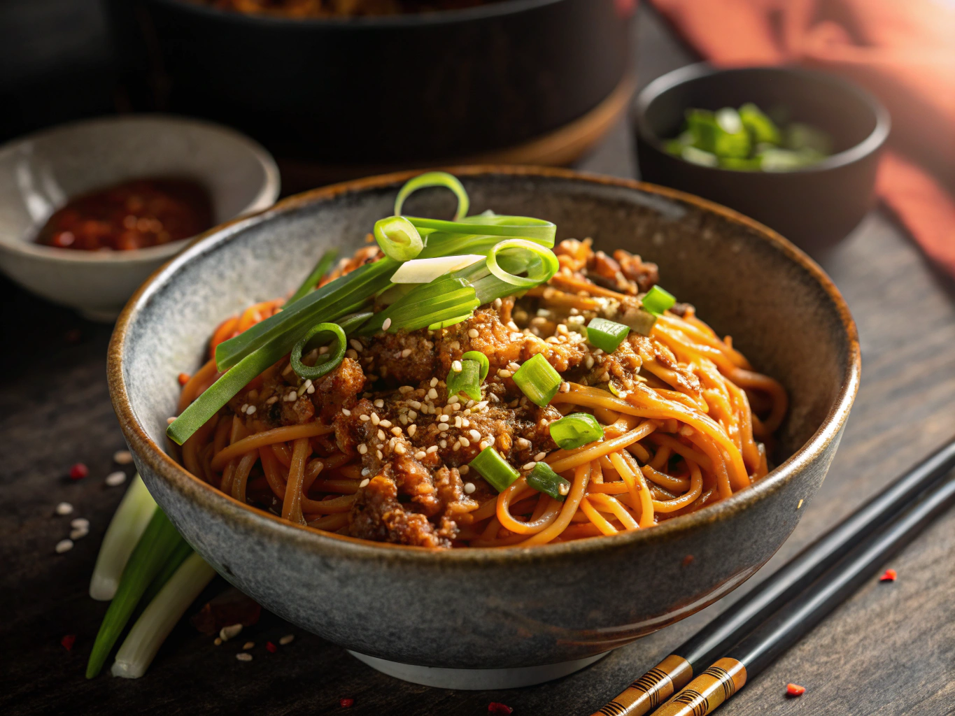 Minced pork danzai noodles topped with savory meat sauce and fresh herbs