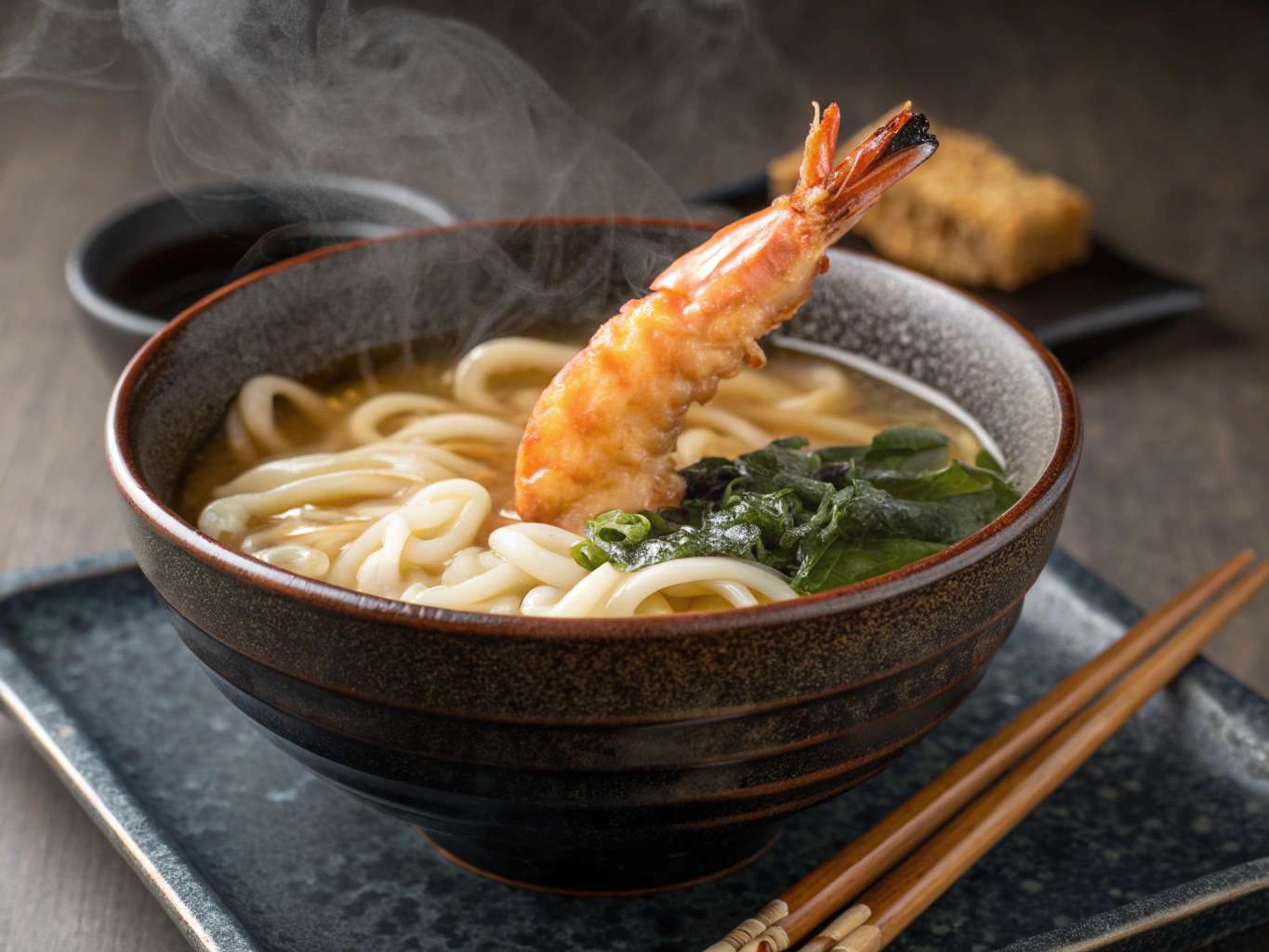 Seafood clam broth udon with tender white clams in steaming clear broth