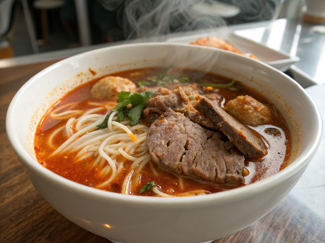 Taiwanese beef noodle soup with tender braised beef shanks in five-spice broth